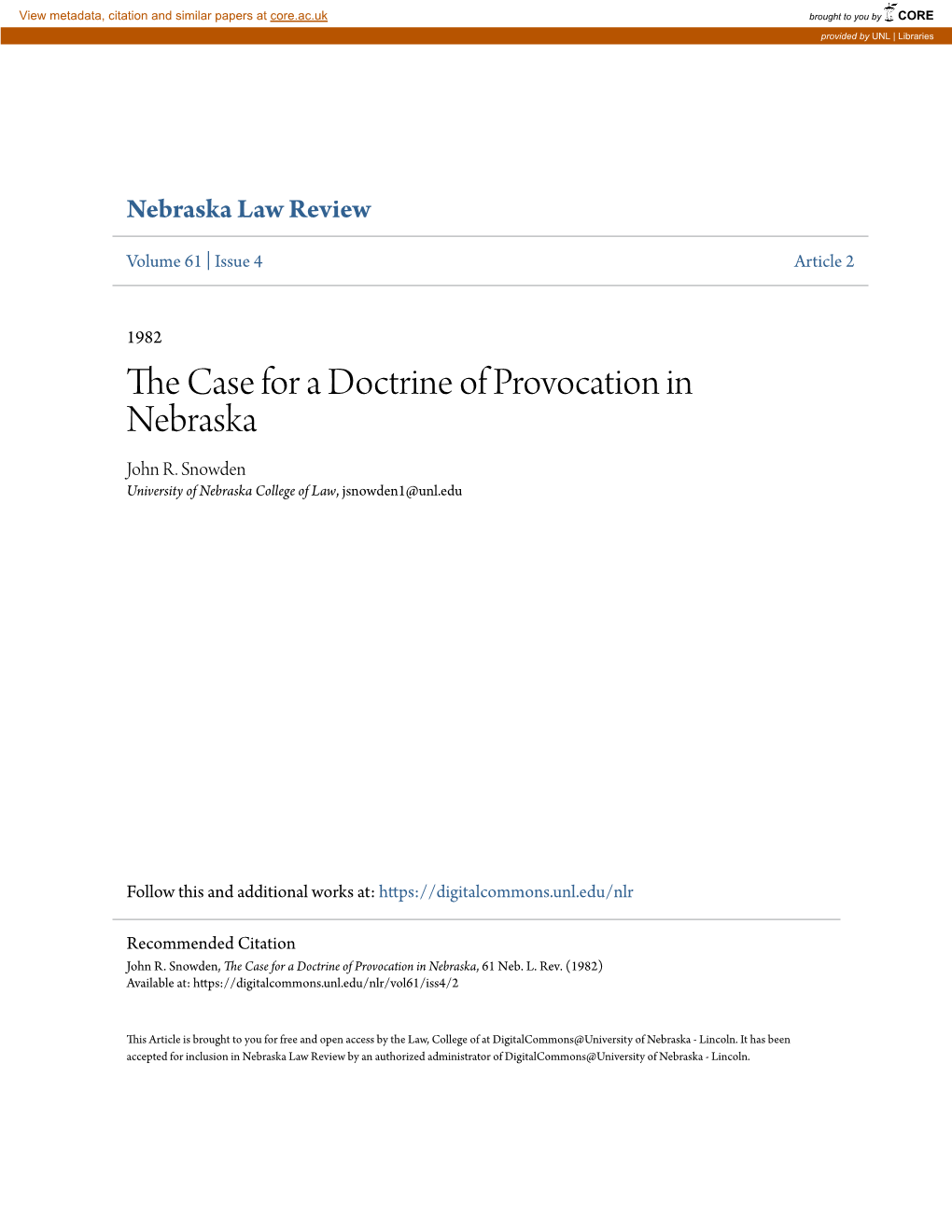 The Case for a Doctrine of Provocation in Nebraska, 61 Neb