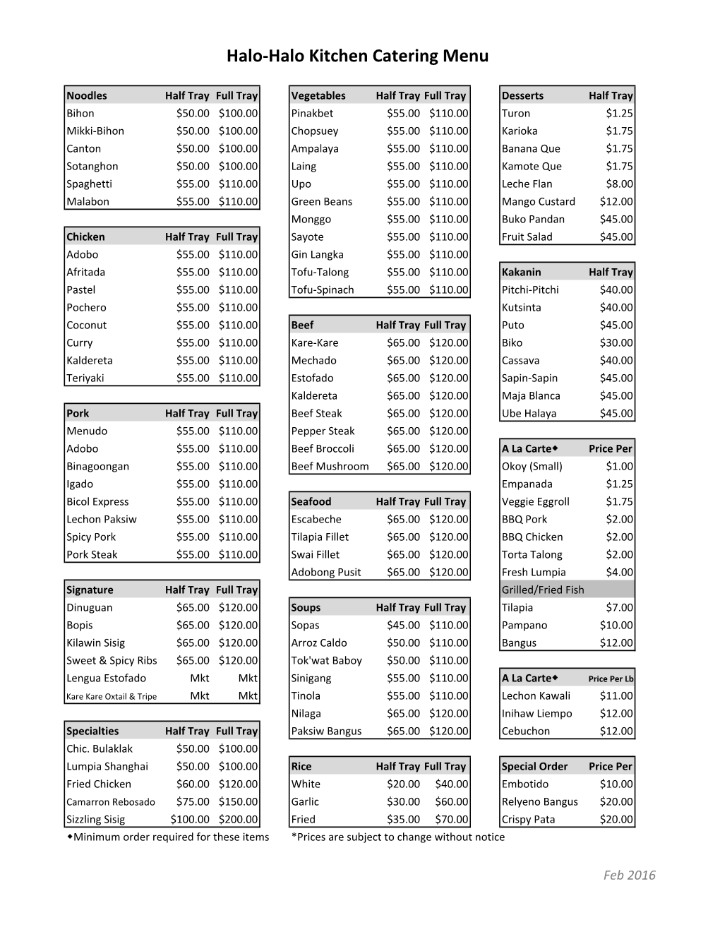 Halo-Halo Kitchen Catering Menu