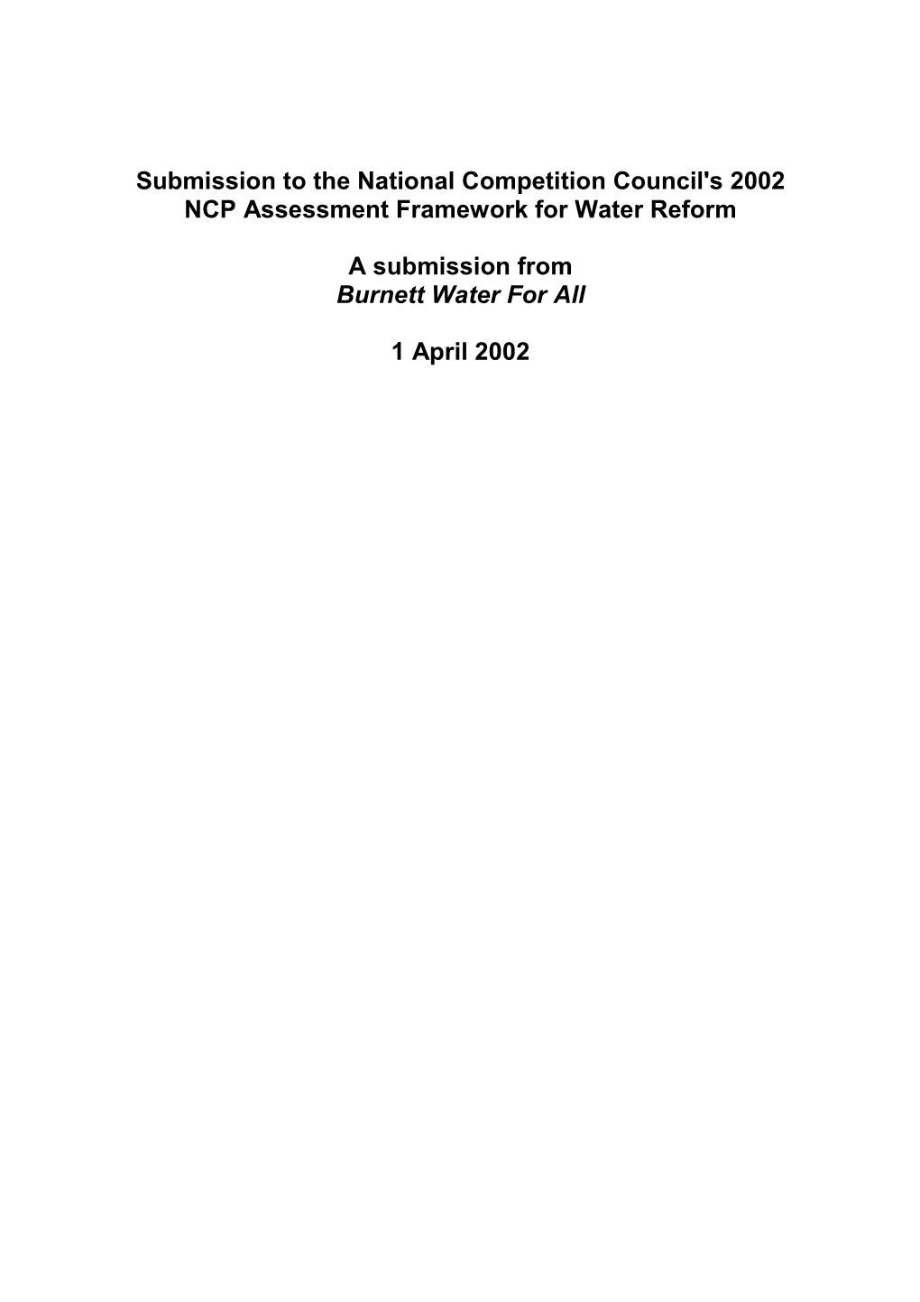 Submission to the National Competition Council's 2002 NCP Assessment Framework for Water Reform