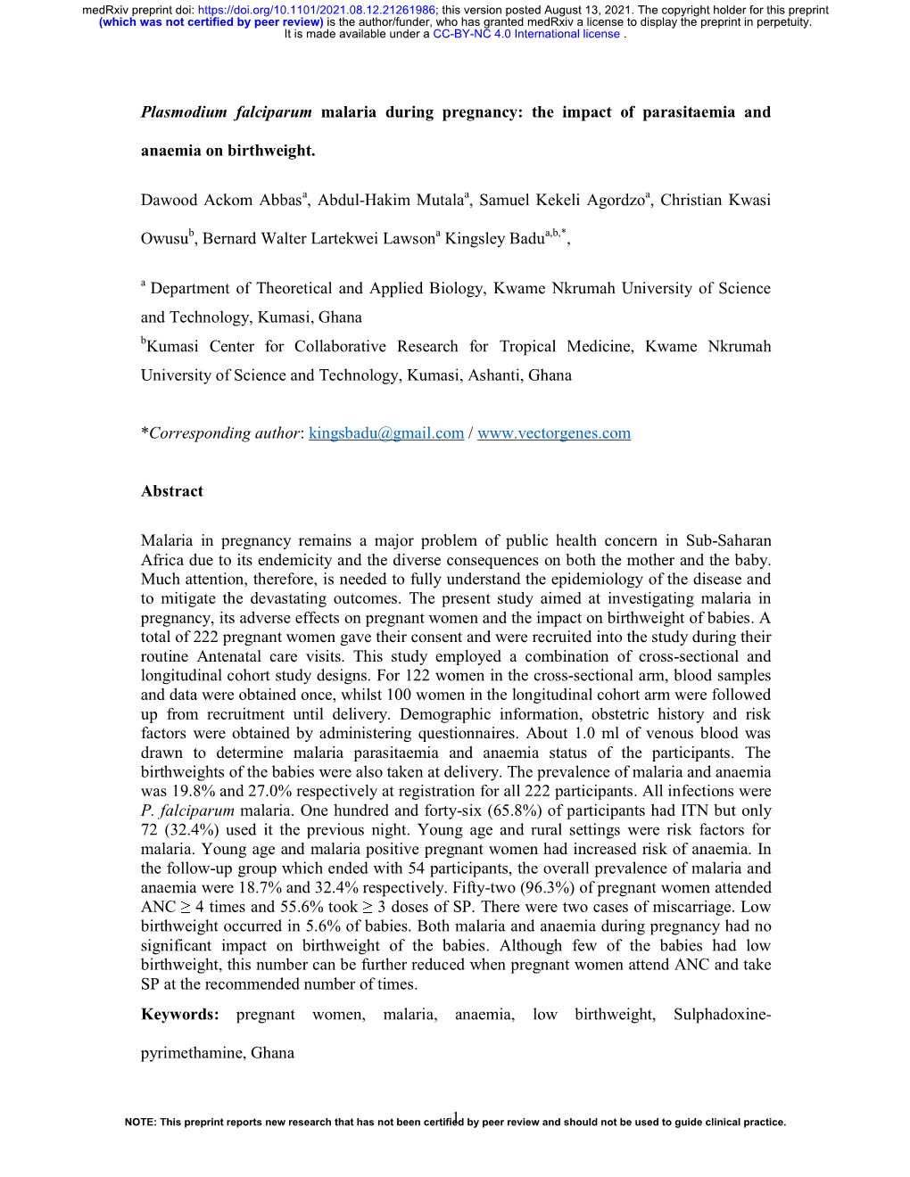 Plasmodium Falciparum Malaria During Pregnancy: the Impact of Parasitaemia And