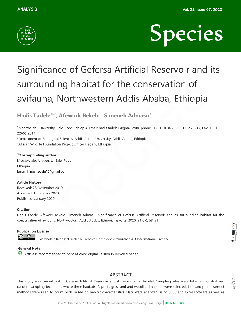 Significance of Gefersa Artificial Reservoir and Its Surrounding Habitat for the Conservation of Avifauna, Northwestern Addis Ababa, Ethiopia
