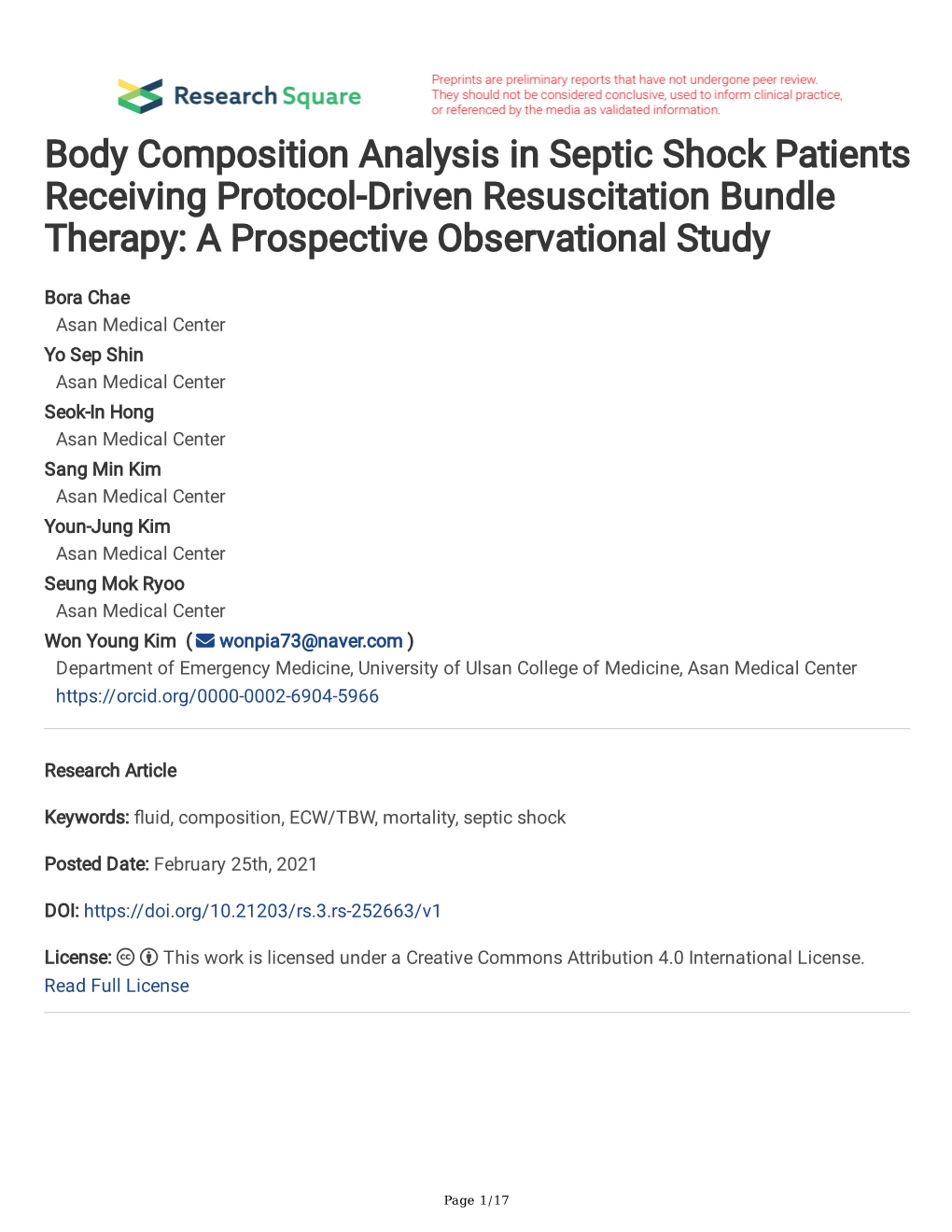 Body Composition Analysis in Septic Shock Patients Receiving Protocol-Driven Resuscitation Bundle Therapy: a Prospective Observational Study