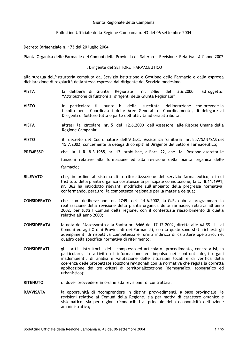 Pianta Organica Delle Farmacie Dei Comuni Della Provincia Di Salerno - Revisione Relativa All’Anno 2002