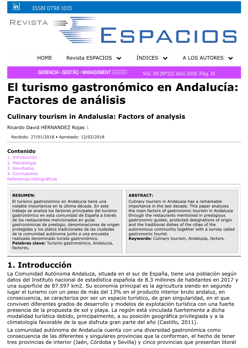 El Turismo Gastronómico En Andalucía: Factores De Análisis