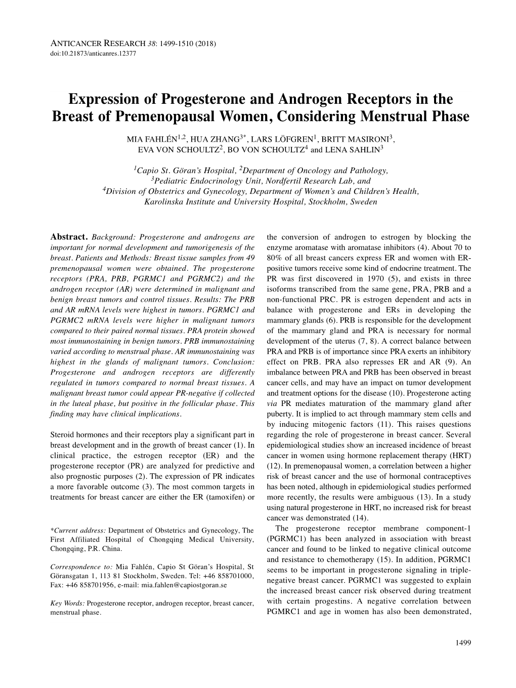 Expression of Progesterone and Androgen Receptors in the Breast