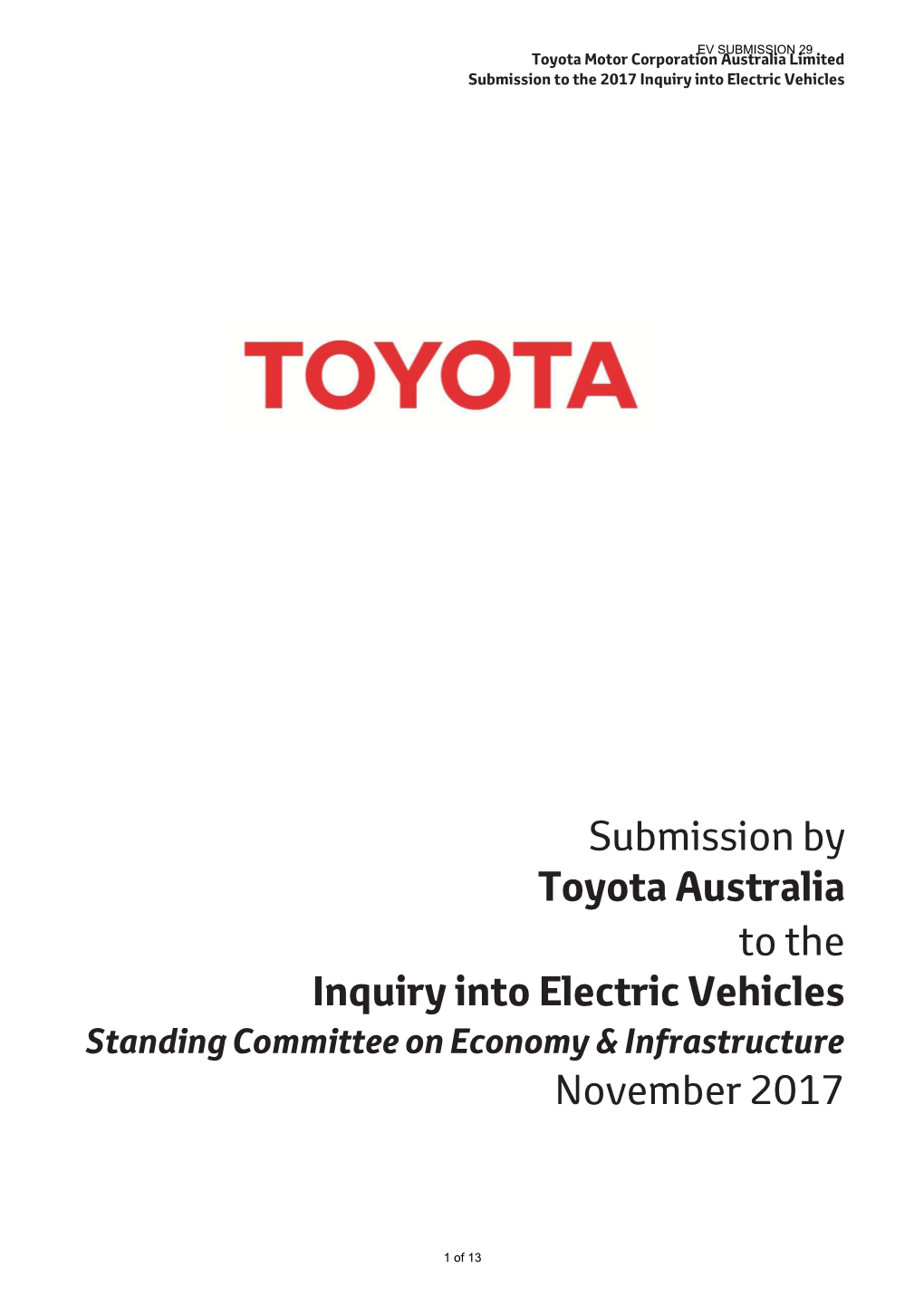 Submission by Toyota Australia to the Inquiry Into Electric Vehicles Standing Committee on Economy & Infrastructure November 2017