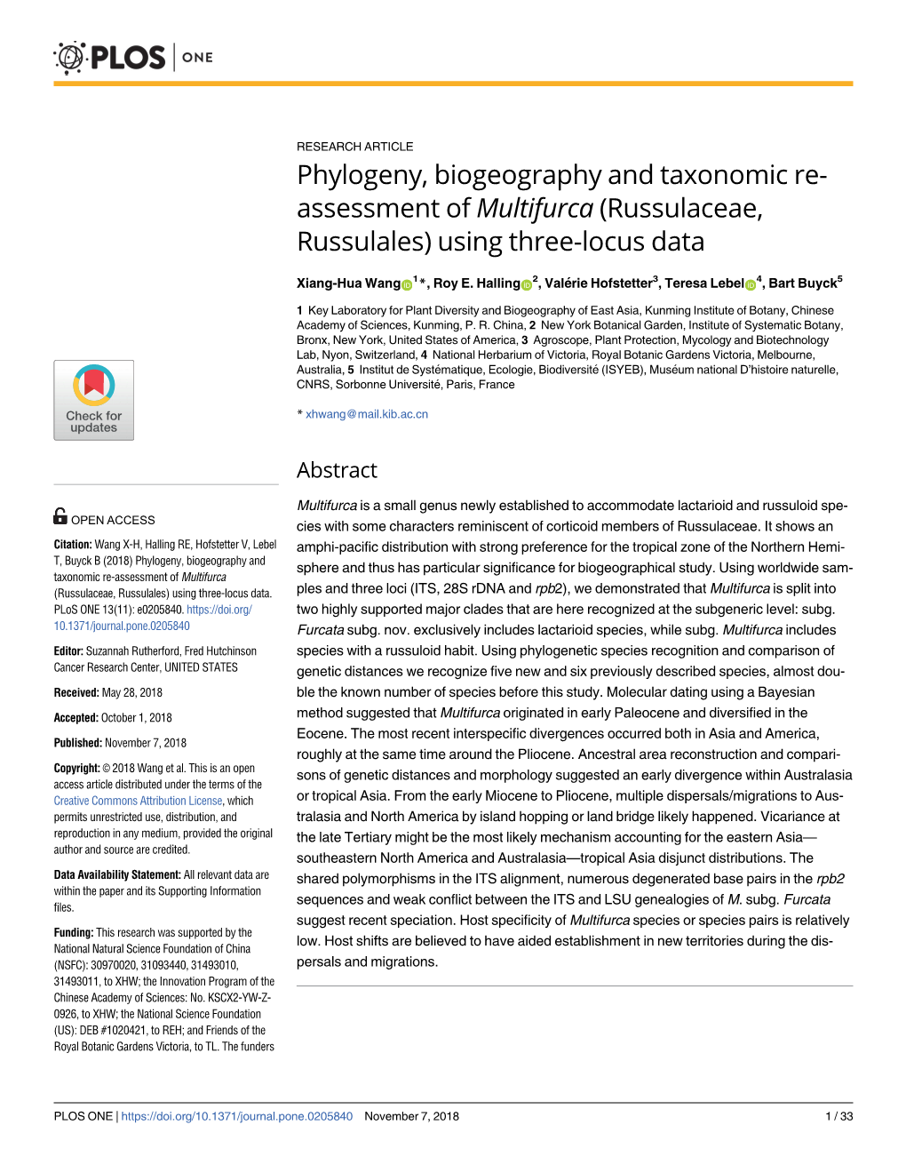Phylogeny, Biogeography and Taxonomic Re- Assessment of Multifurca (Russulaceae, Russulales) Using Three-Locus Data