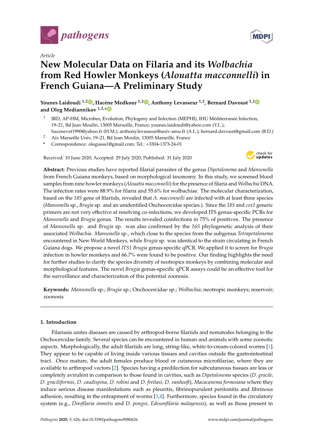 New Molecular Data on Filaria and Its Wolbachia from Red Howler Monkeys (Alouatta Macconnelli) in French Guiana—A Preliminary Study