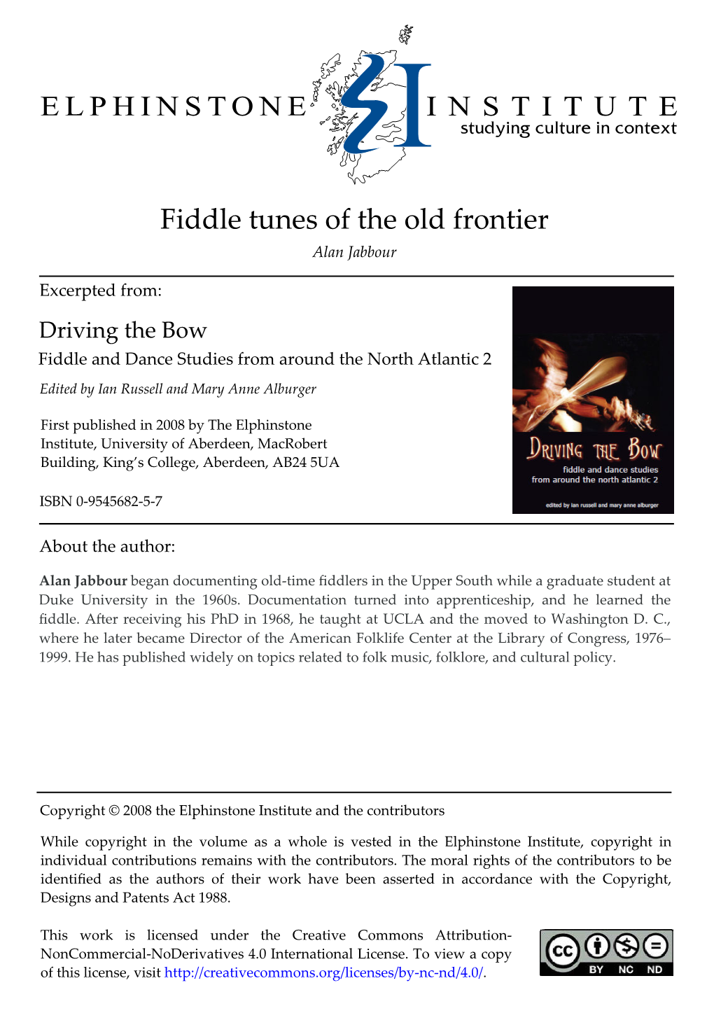 Fiddle Tunes of the Old Frontier Alan Jabbour