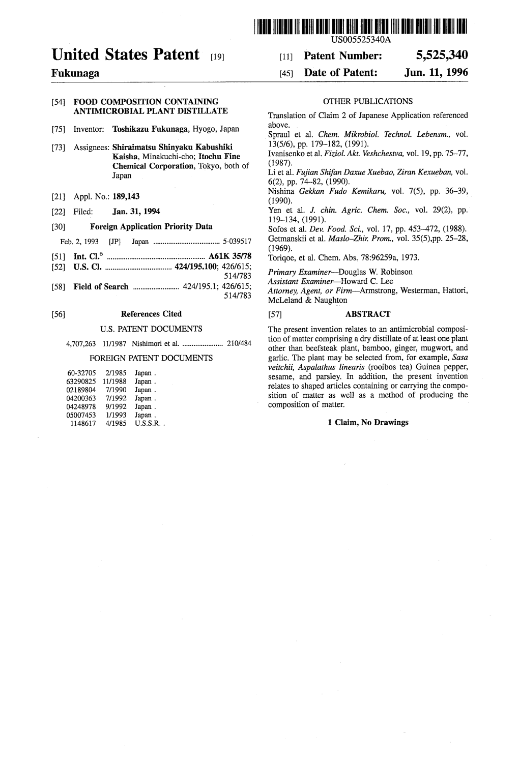 III III III US00552.5340A United States Patent (19) 11 Patent Number: 5,525,340 Fukunaga (45) Date of Patent: Jun