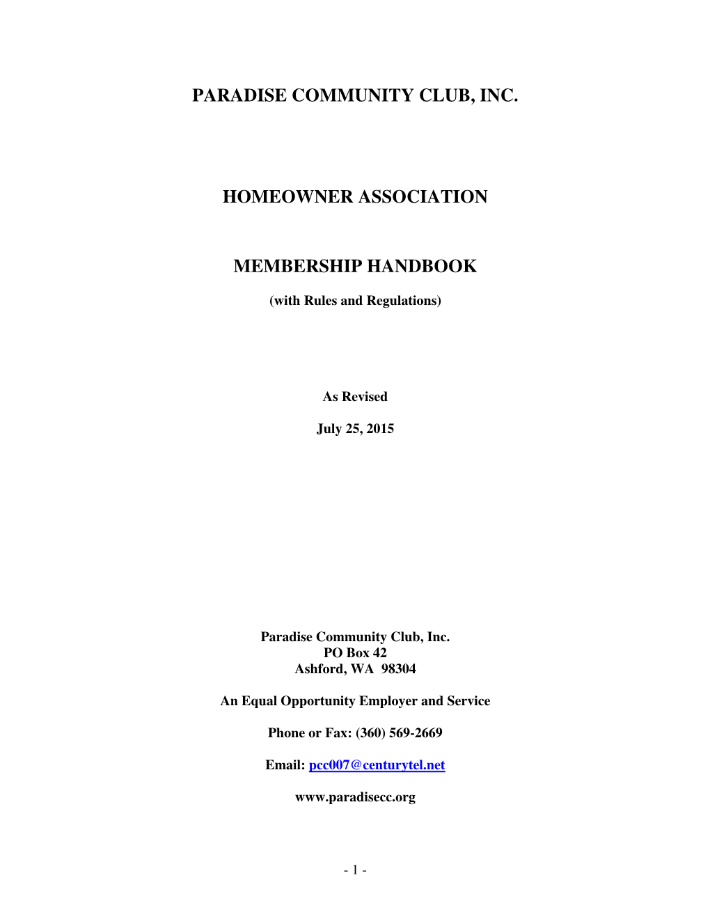 Paradise Community Club, Inc. Homeowner Association Membership Handbook