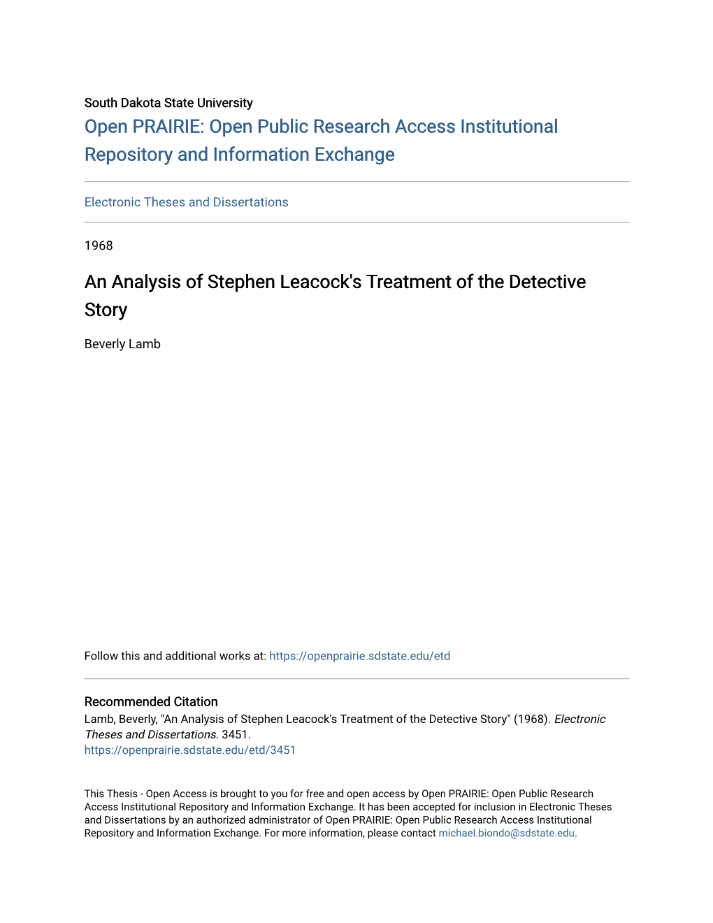 An Analysis of Stephen Leacock's Treatment of the Detective Story