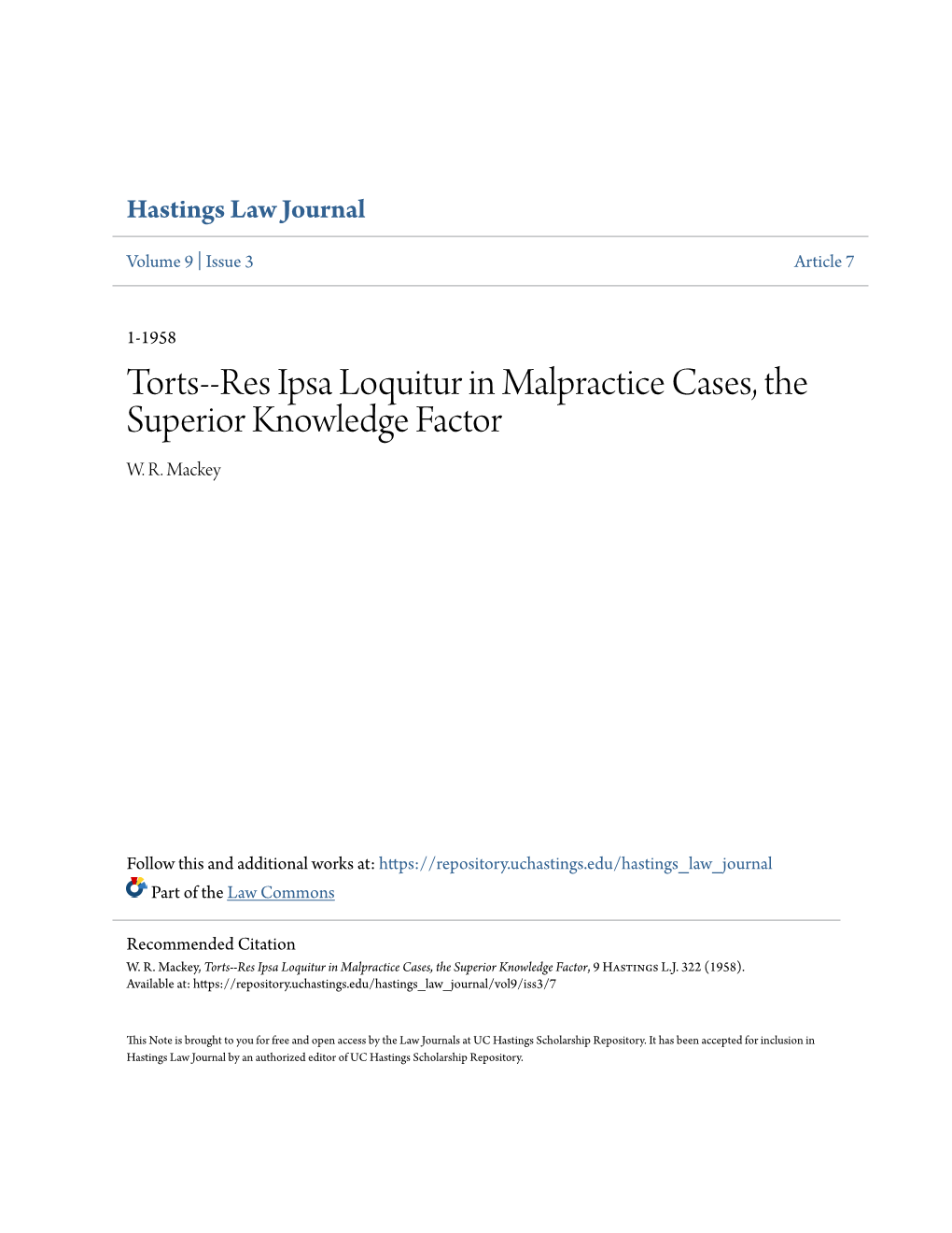 Res Ipsa Loquitur in Malpractice Cases, the Superior Knowledge Factor W