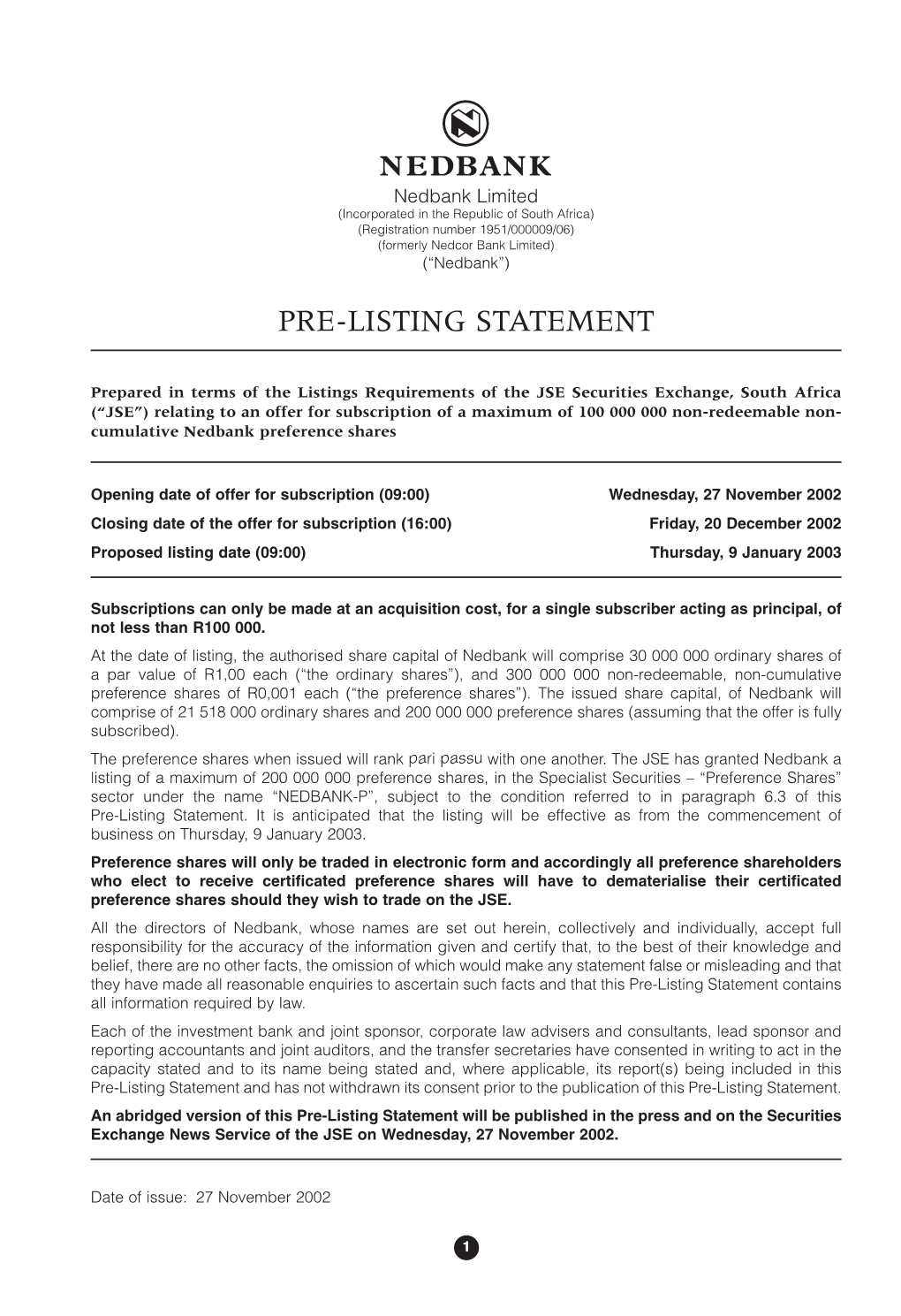 Nedbank Ltd Preference Shares Pre-Listing Statement