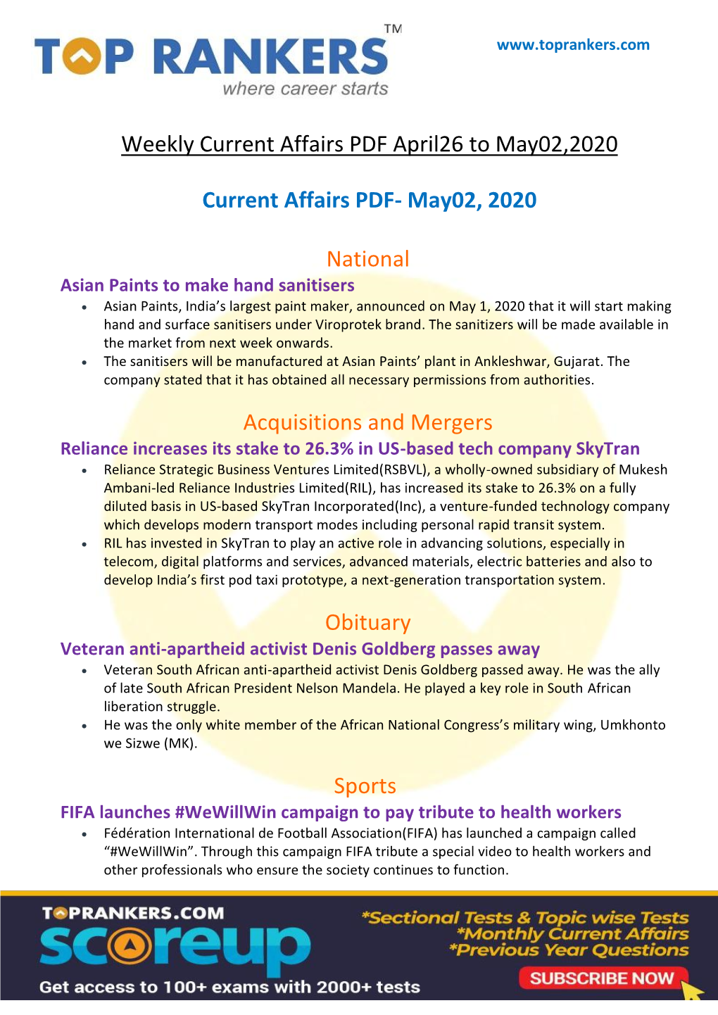 Weekly Current Affairs PDF April26 to May02,2020 Current Affairs