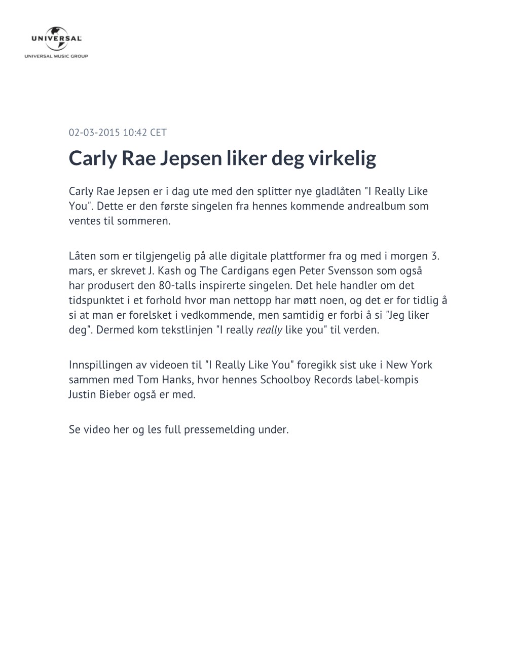 Carly Rae Jepsen Liker Deg Virkelig