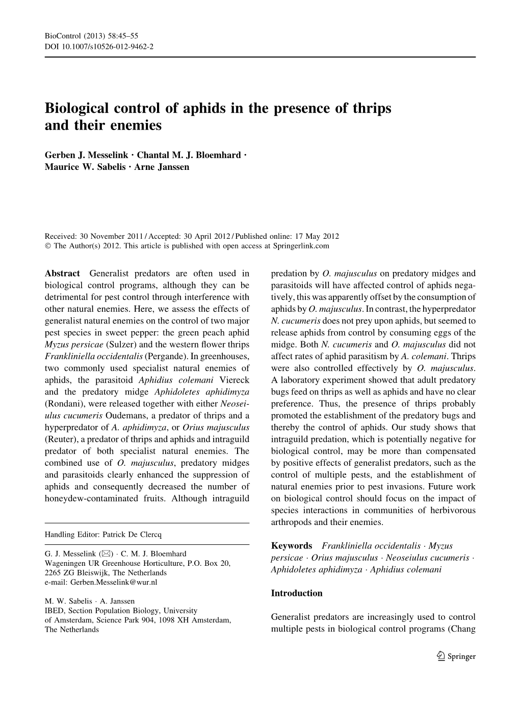 Biological Control of Aphids in the Presence of Thrips and Their Enemies