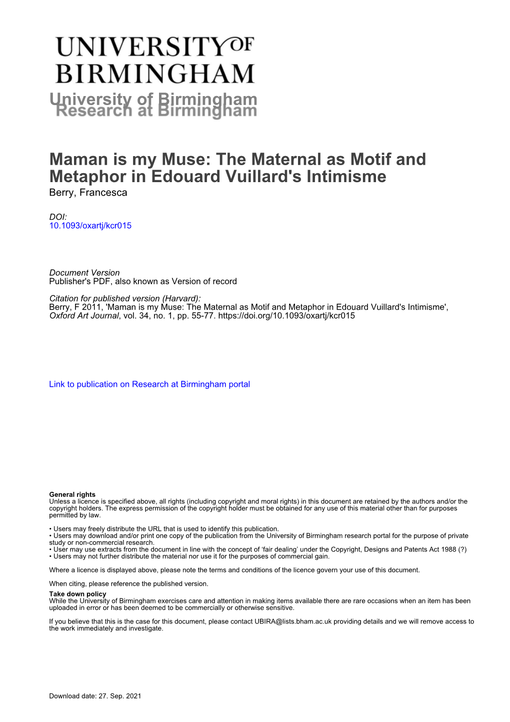 The Maternal As Motif and Metaphor in Edouard Vuillard's Intimisme Berry, Francesca