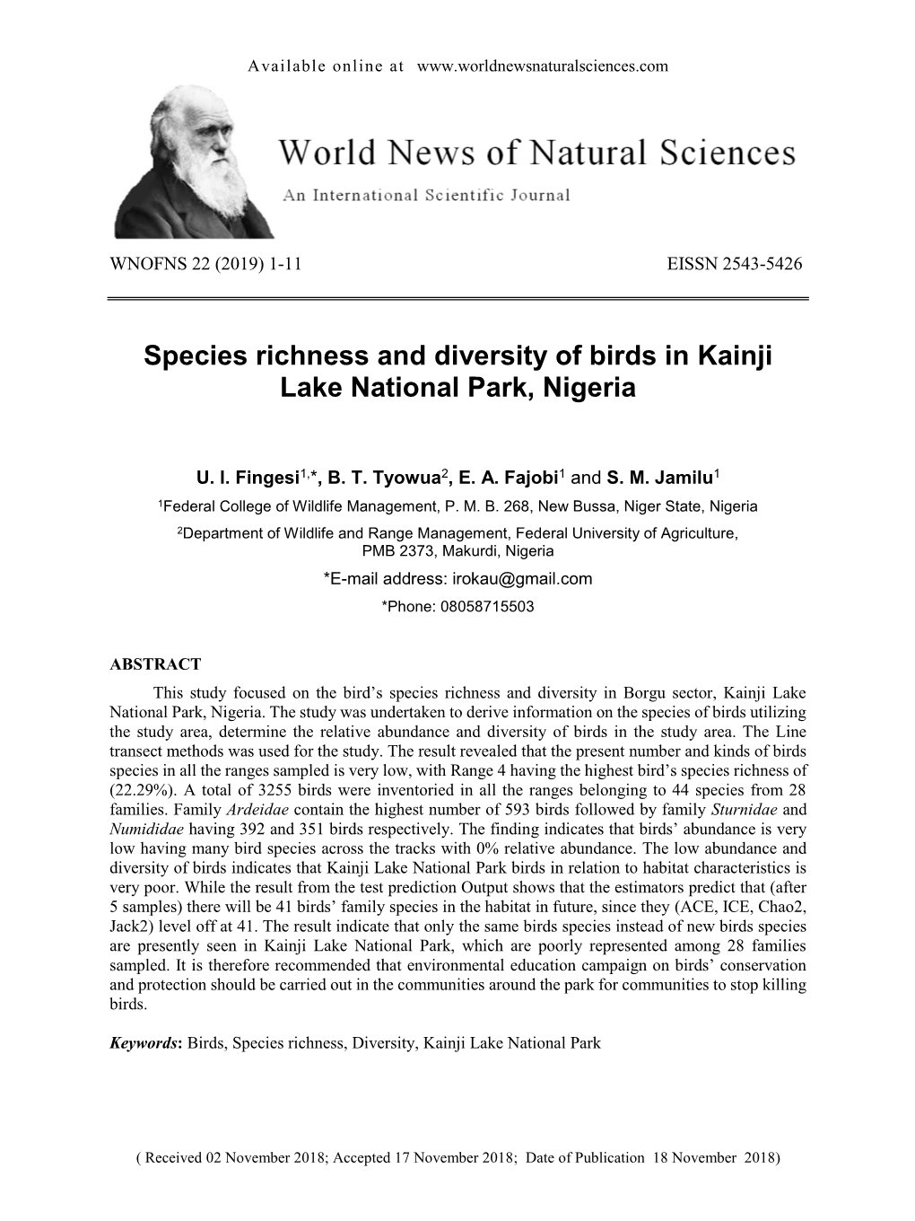 Species Richness and Diversity of Birds in Kainji Lake National Park, Nigeria