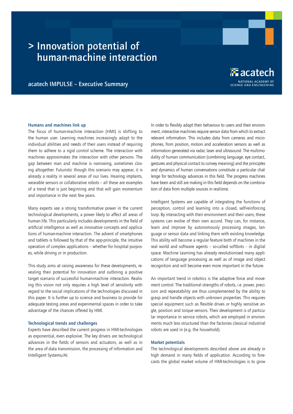 Innovation Potential of Human-Machine Interaction Acatech IMPULSE – Executive Summary