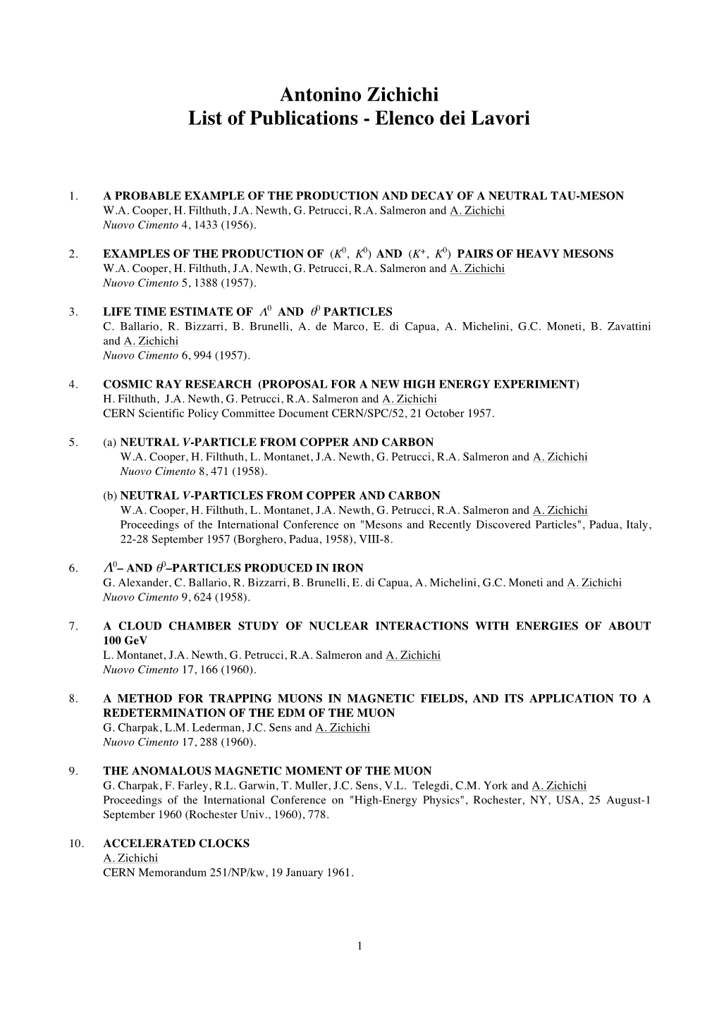 List of Publications - Elenco Dei Lavori