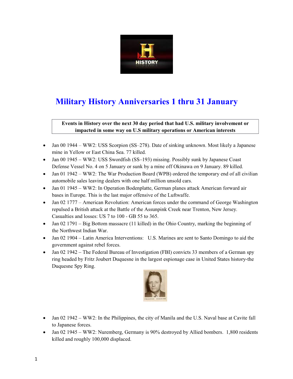 Military History Anniversaries 1 Thru 31 January