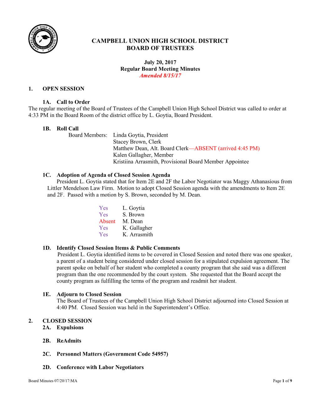 July 20, 2017 Regular Board Meeting Minutes Amended 8/15/17