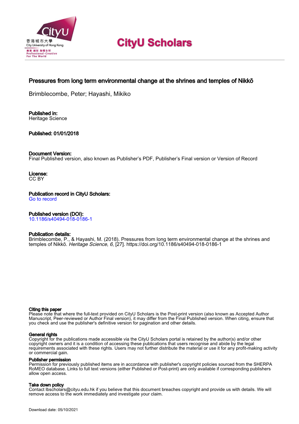 Pressures from Long Term Environmental Change at the Shrines and Temples of Nikkō