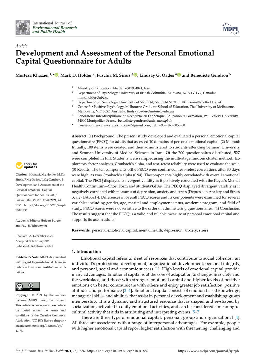Development and Assessment of the Personal Emotional Capital Questionnaire for Adults