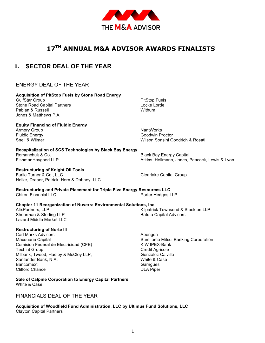 17Th Annual M&A Advisor Awards Finalists I. Sector Deal of the Year