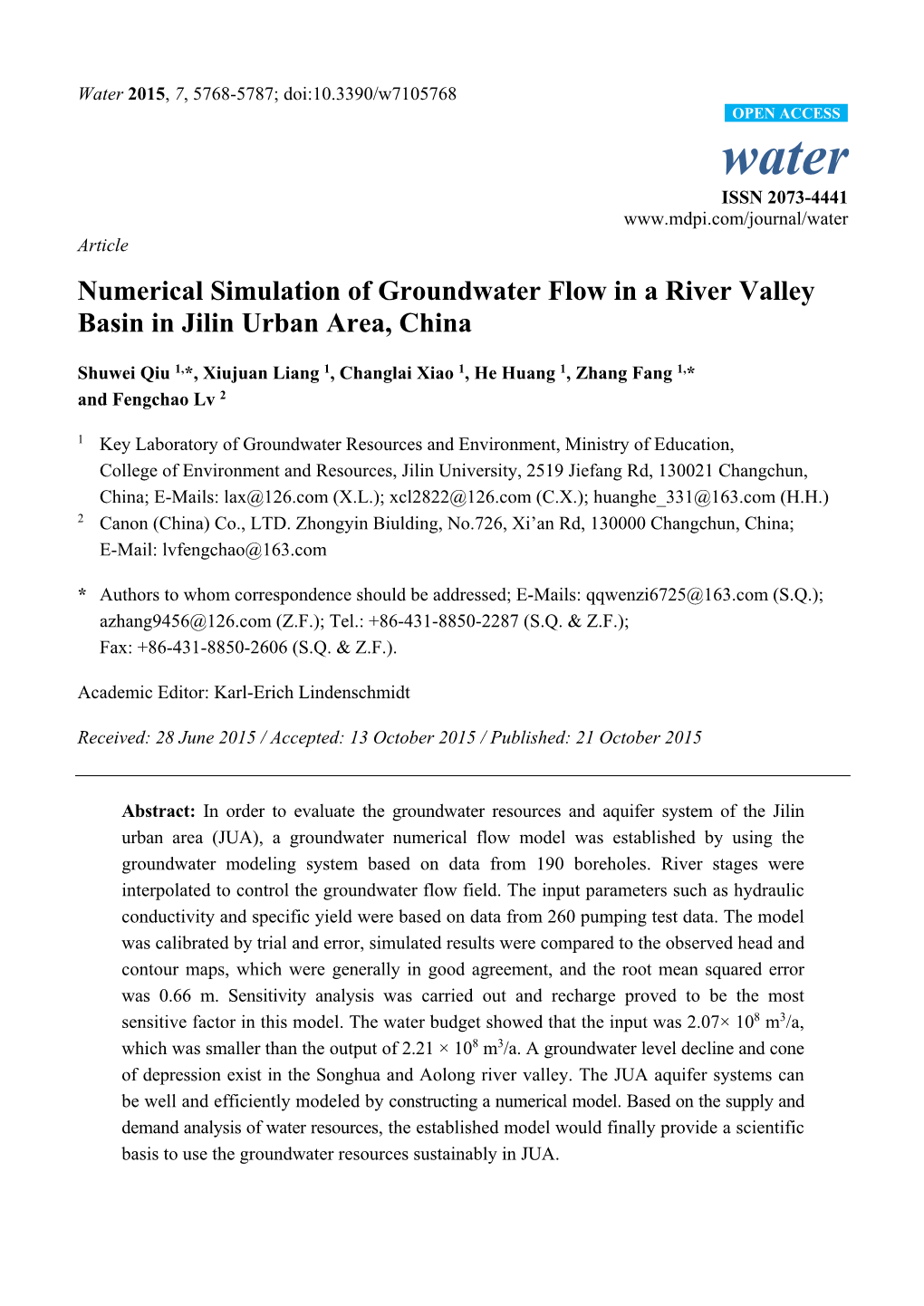 Numerical Simulation of Groundwater Flow in a River Valley Basin in Jilin Urban Area, China