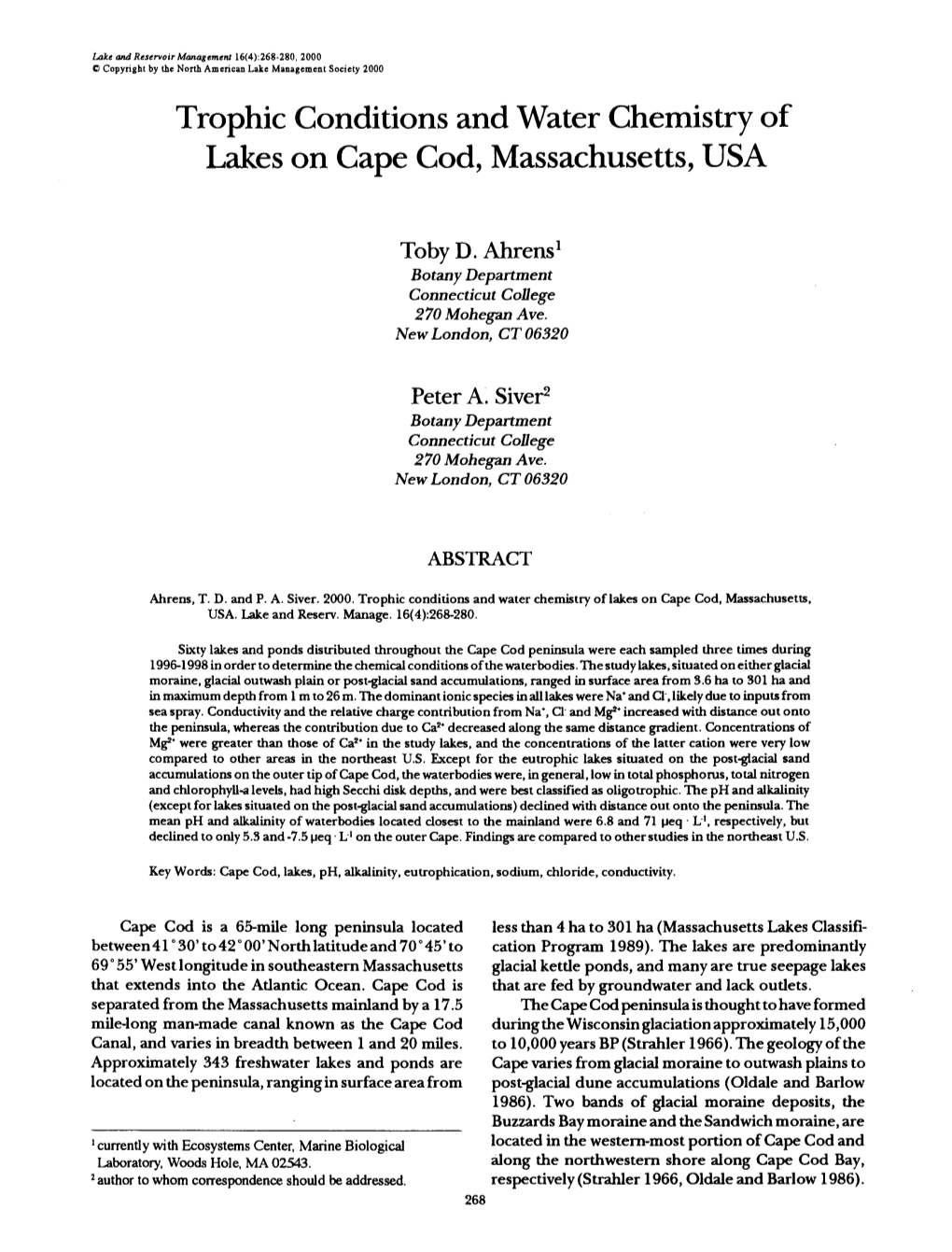 Trophic Conditions and Water Chemistry of Lakes on Cape Cod, Massachusetts, USA