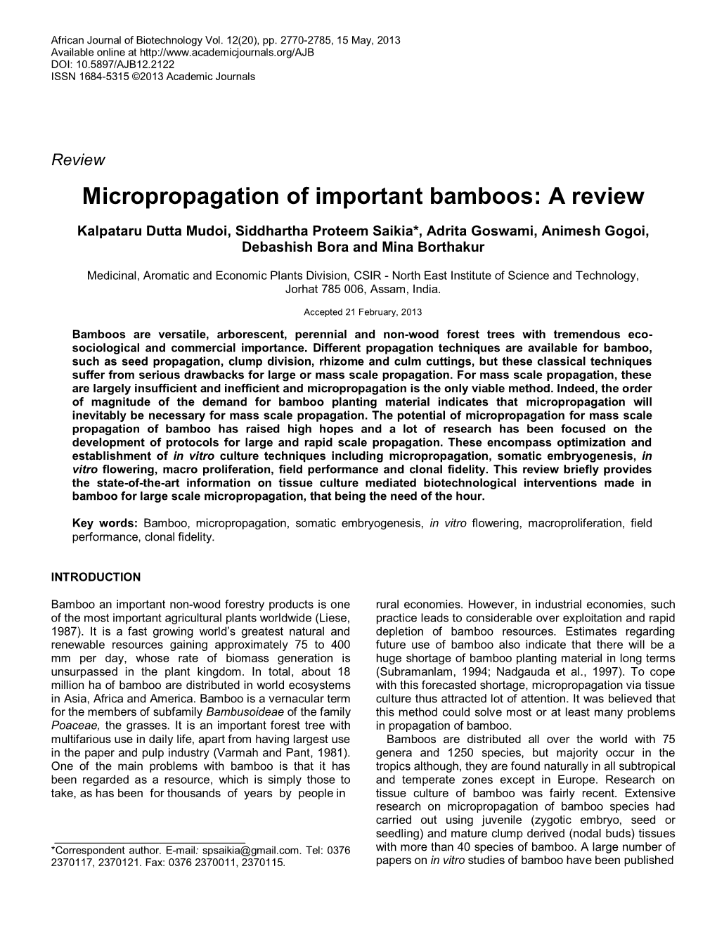 Micropropagation of Important Bamboos: a Review