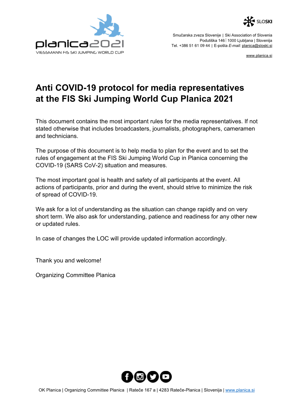 Anti COVID-19 Protocol for Media Representatives at the FIS Ski Jumping World Cup Planica 2021