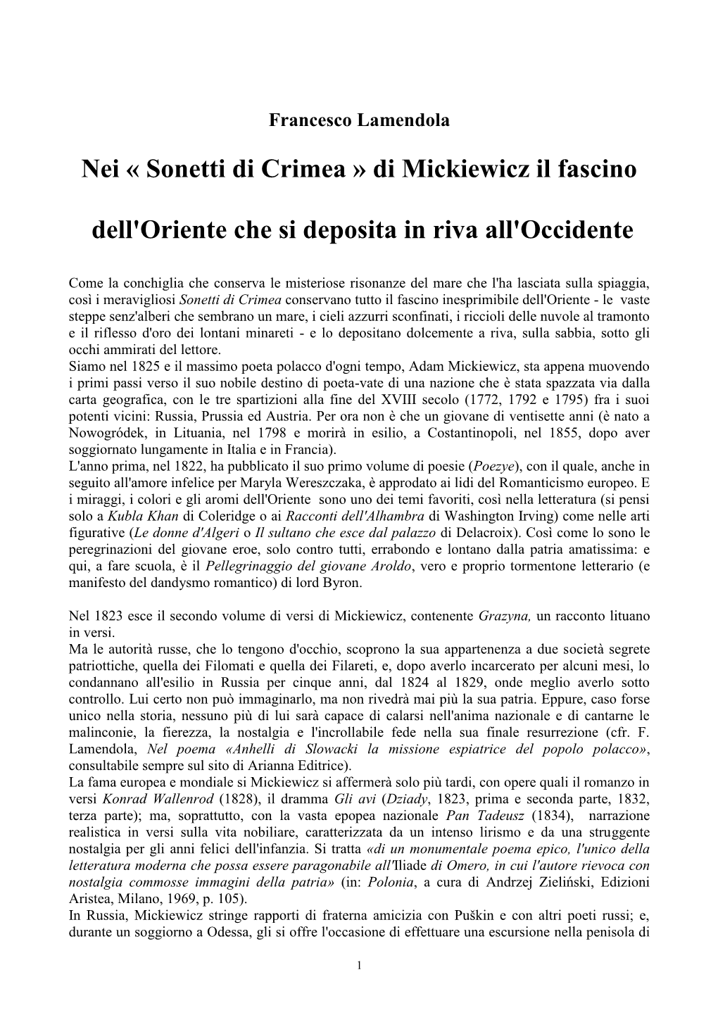 Sonetti Di Crimea » Di Mickiewicz Il Fascino Dell'oriente Che Si Deposita