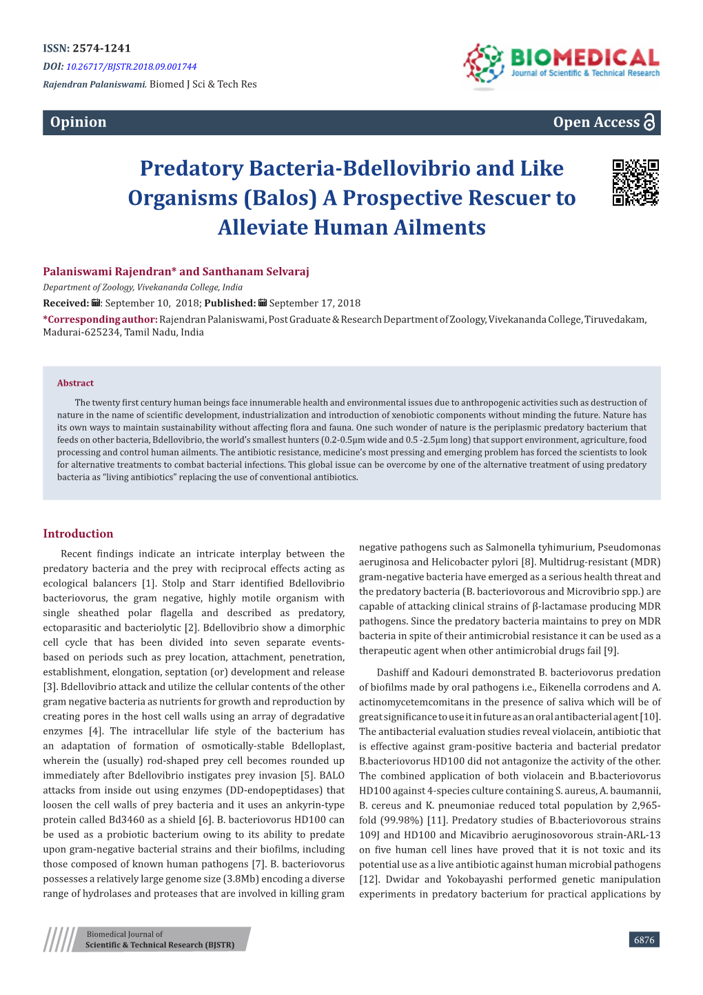 Predatory Bacteria-Bdellovibrio and Like Organisms (Balos) a Prospective Rescuer to Alleviate Human Ailments