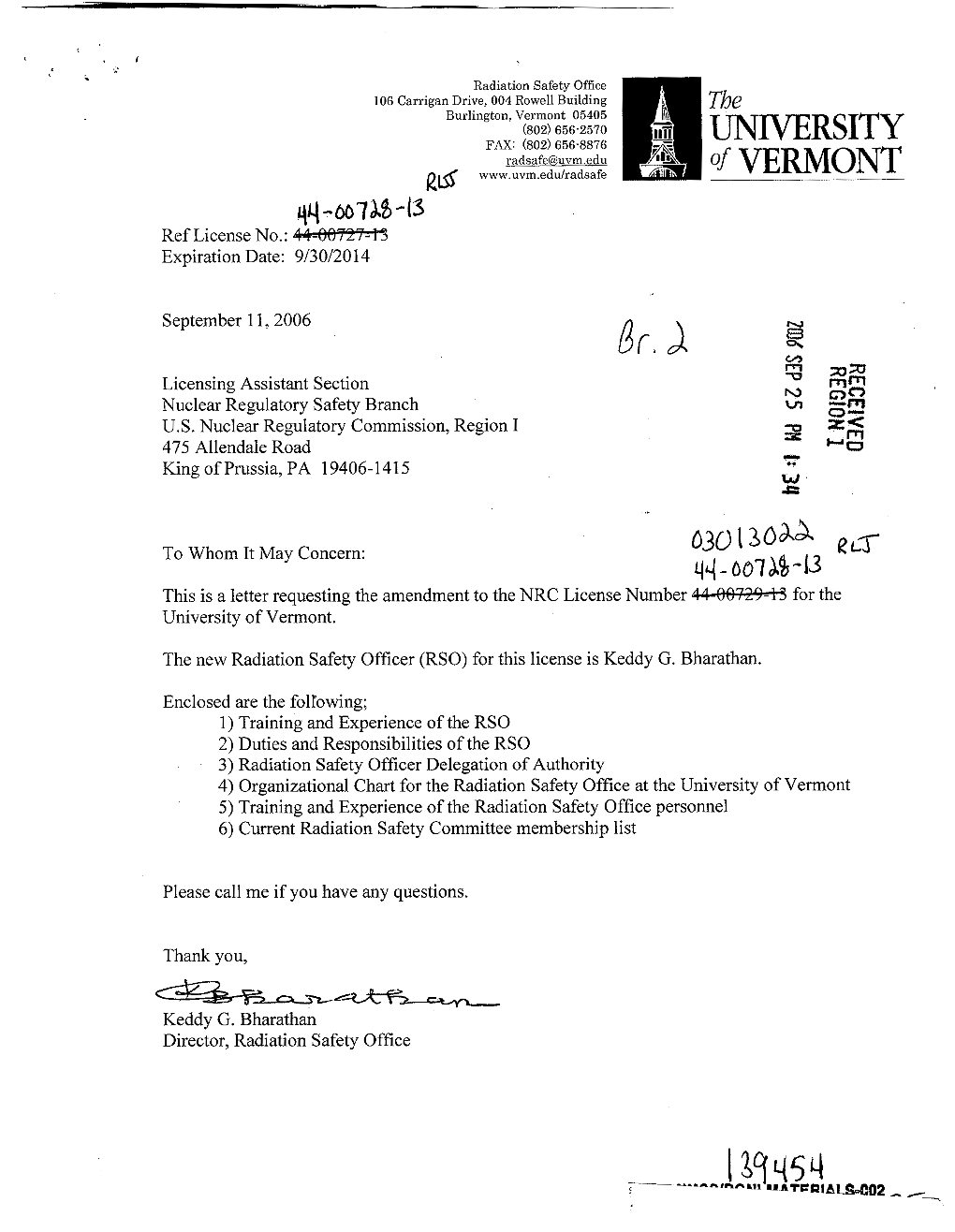 University of Vermont, Amendment Request Ltr. Dtd 09/11/2006