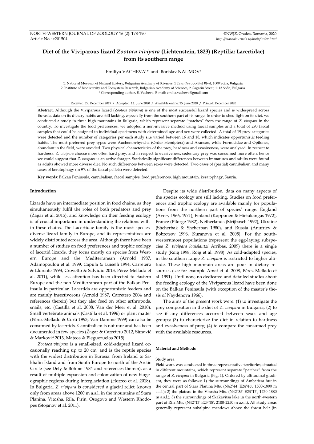 Diet of the Viviparous Lizard Zootoca Vivipara (Lichtenstein, 1823) (Reptilia: Lacertidae) from Its Southern Range