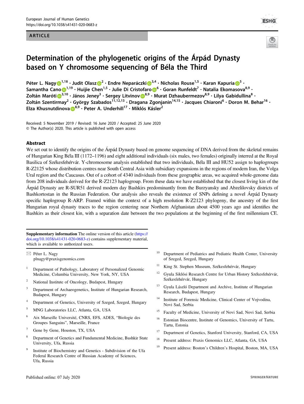 June 2020 Determination of the Phylogenetic Origins of the Árpád Dynasty Based on Y Chromosome Sequencing