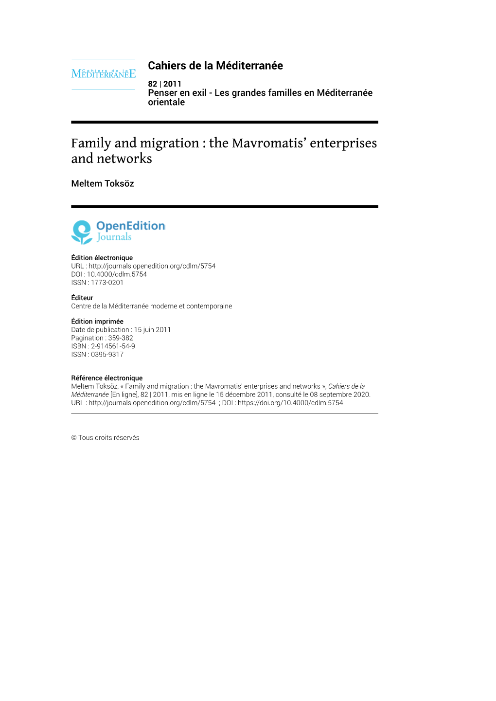 Family and Migration : the Mavromatis' Enterprises and Networks