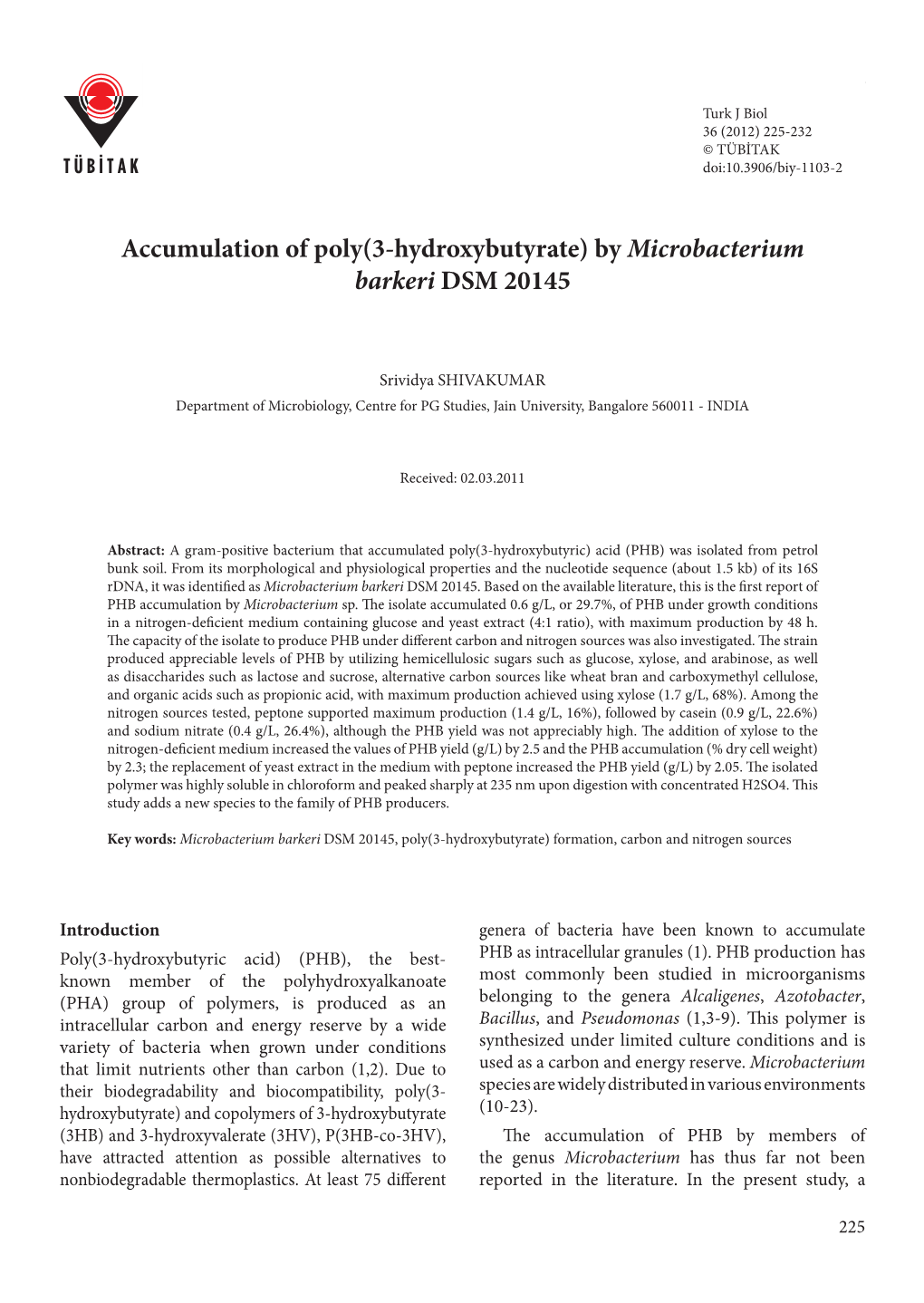 Accumulation of Poly(3-Hydroxybutyrate) by Microbacterium Barkeri DSM 20145
