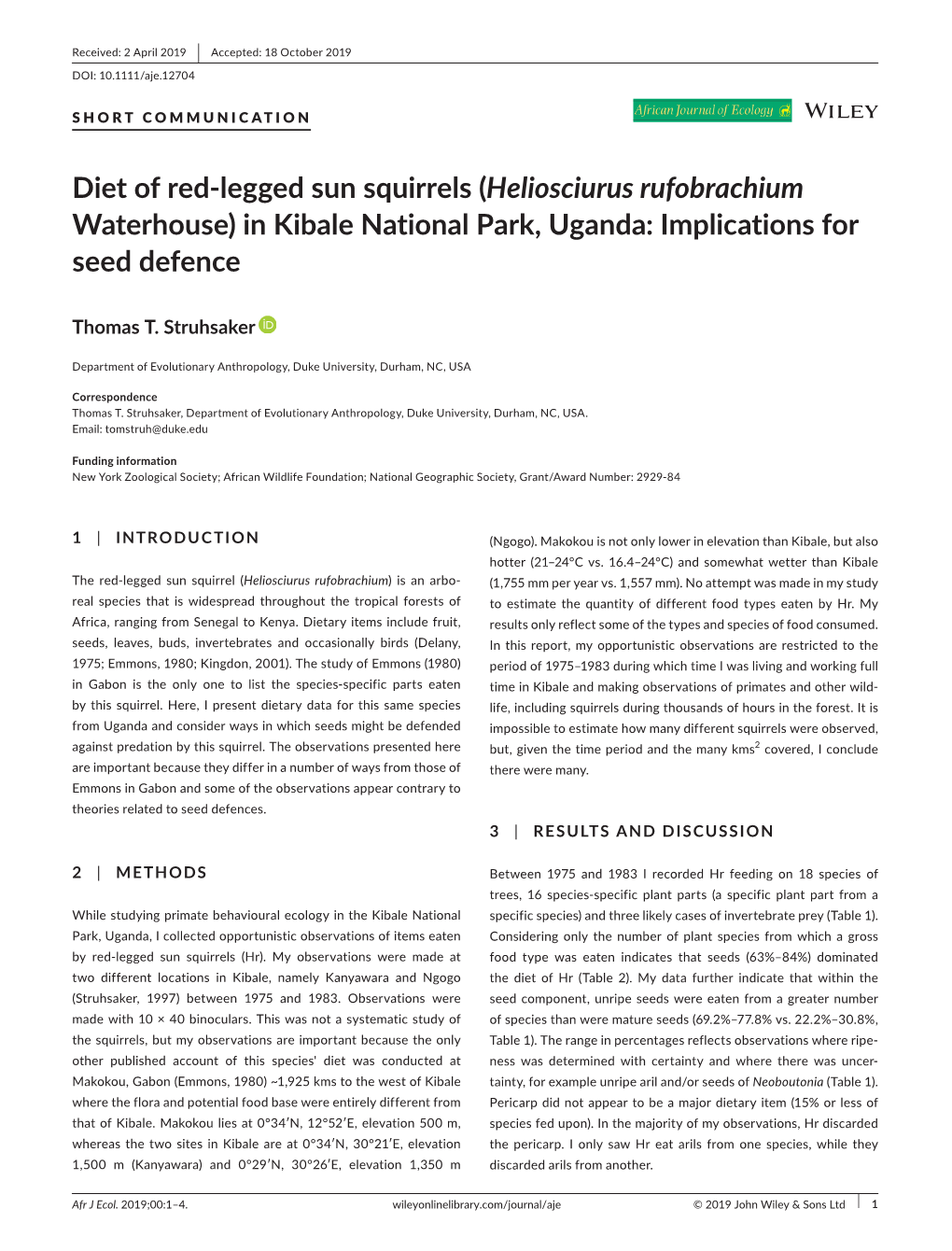 Diet of Red‐Legged Sun Squirrels (Heliosciurus Rufobrachium Waterhouse) in Kibale National Park, Uganda: Implications for Seed Defence