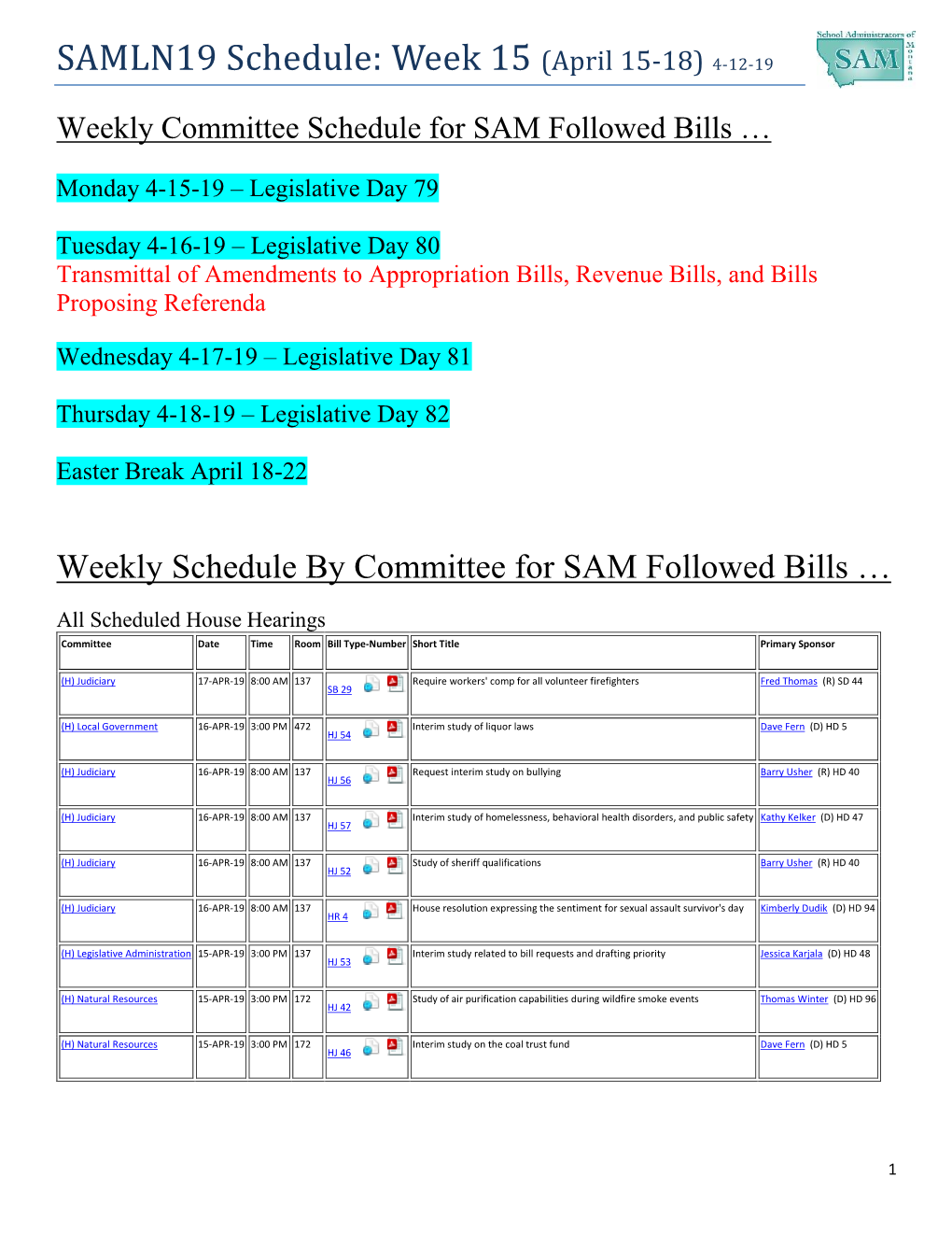 SAMLN19 Schedule: Week 15 (April 15-18) 4-12-19