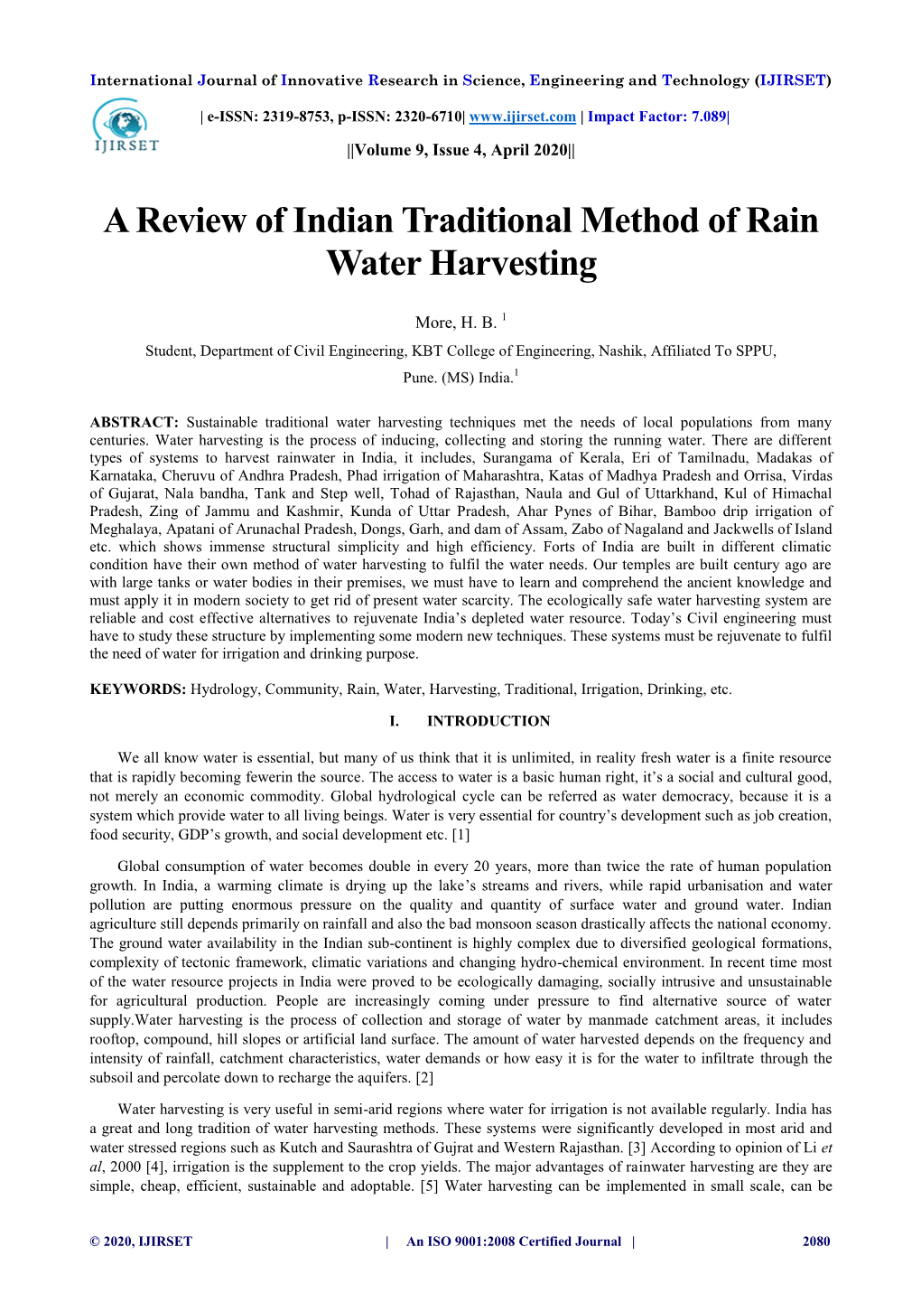 A Review of Indian Traditional Method of Rain Water Harvesting