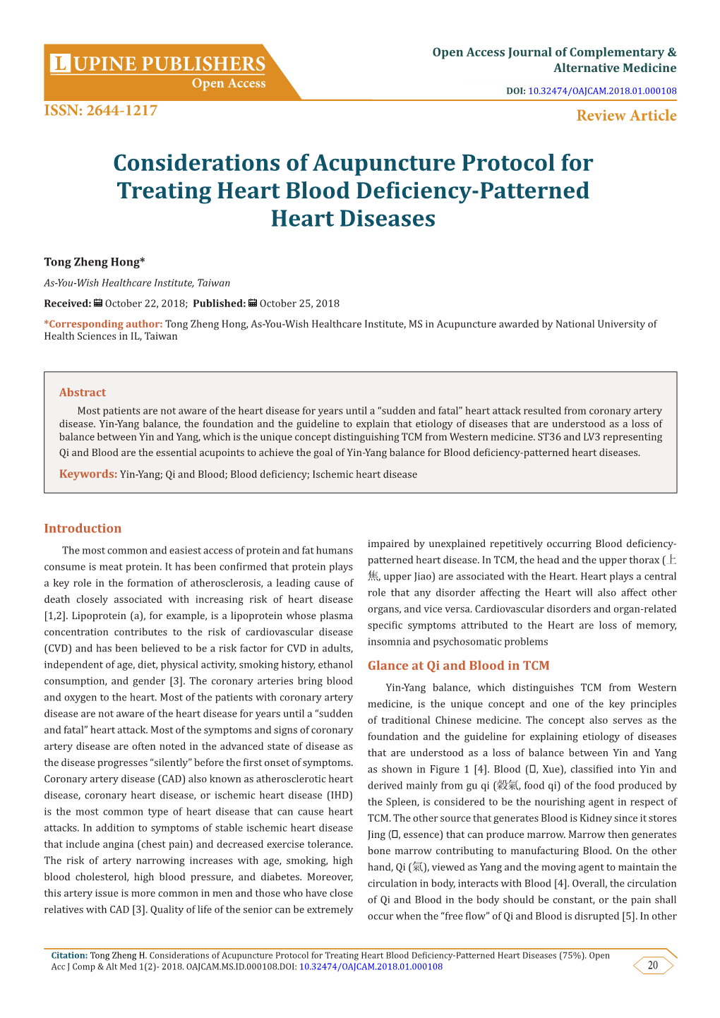 Considerations of Acupuncture Protocol for Treating Heart Blood Deficiency-Patterned Heart Diseases