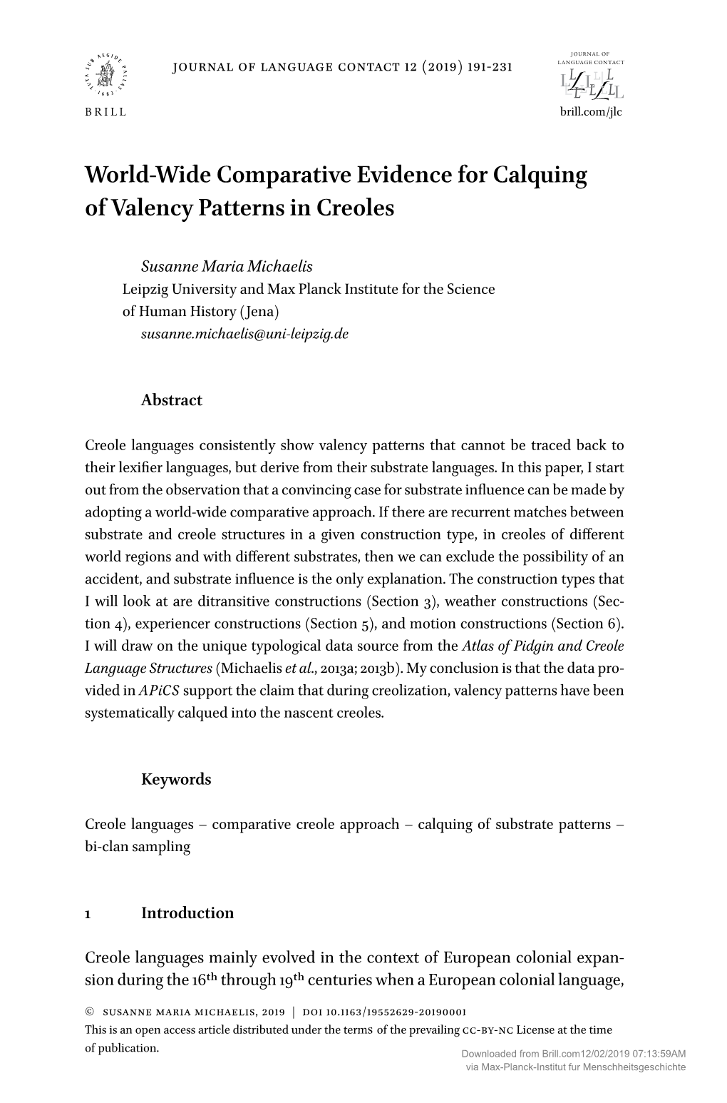 World-Wide Comparative Evidence for Calquing of Valency Patterns in Creoles