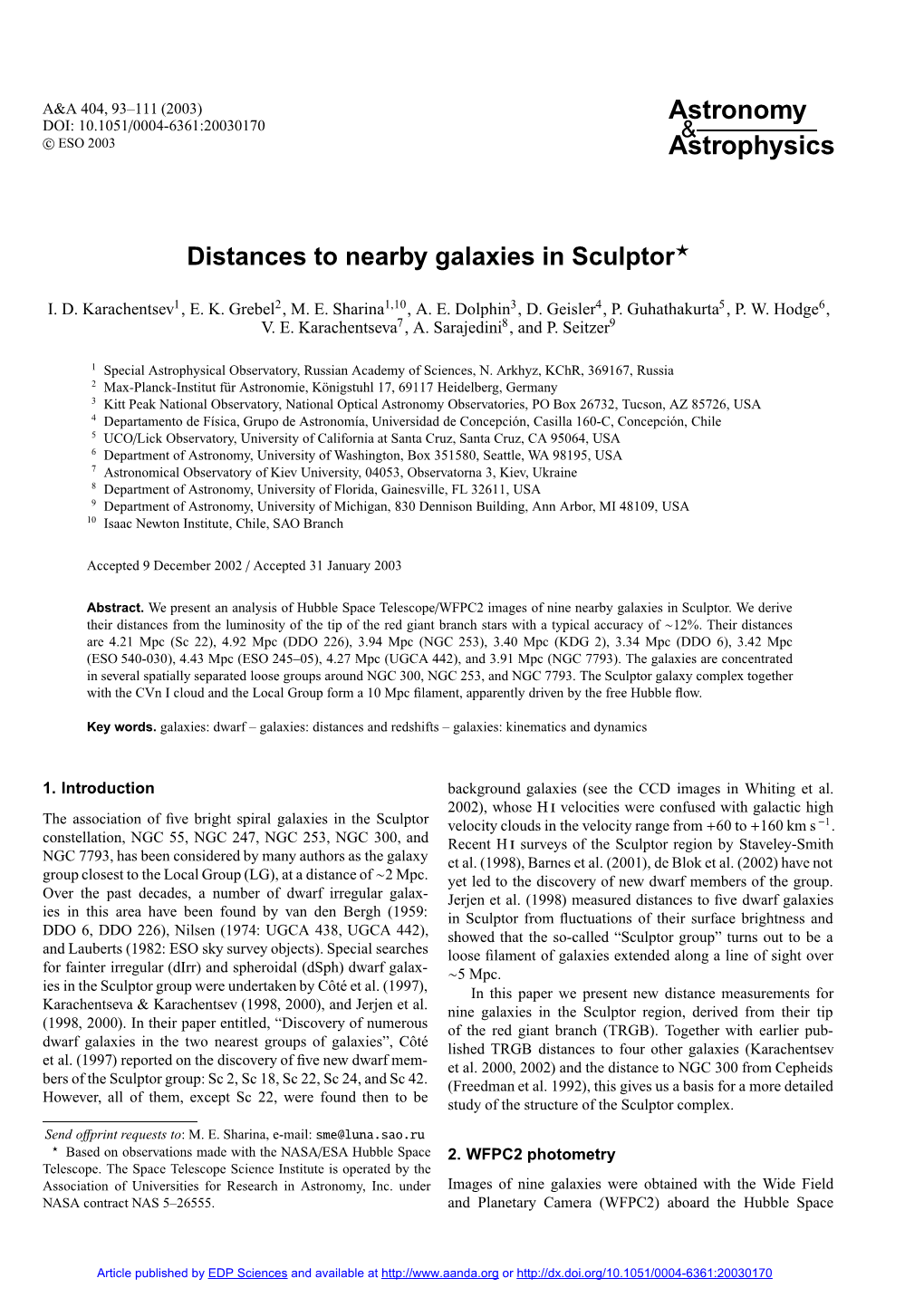 Distances to Nearby Galaxies in Sculptor