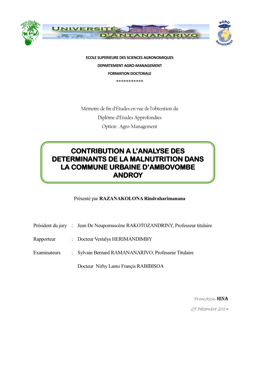 CONTRIBUTION a Lranalyse DES DETERMINANTS DE LA