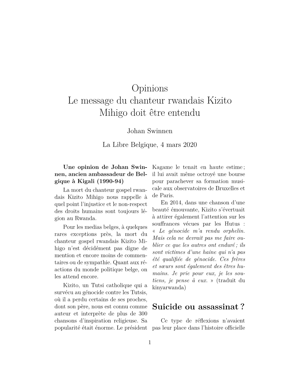 Le Message Du Chanteur Rwandais Kizito Mihigo Doit Être Entendu