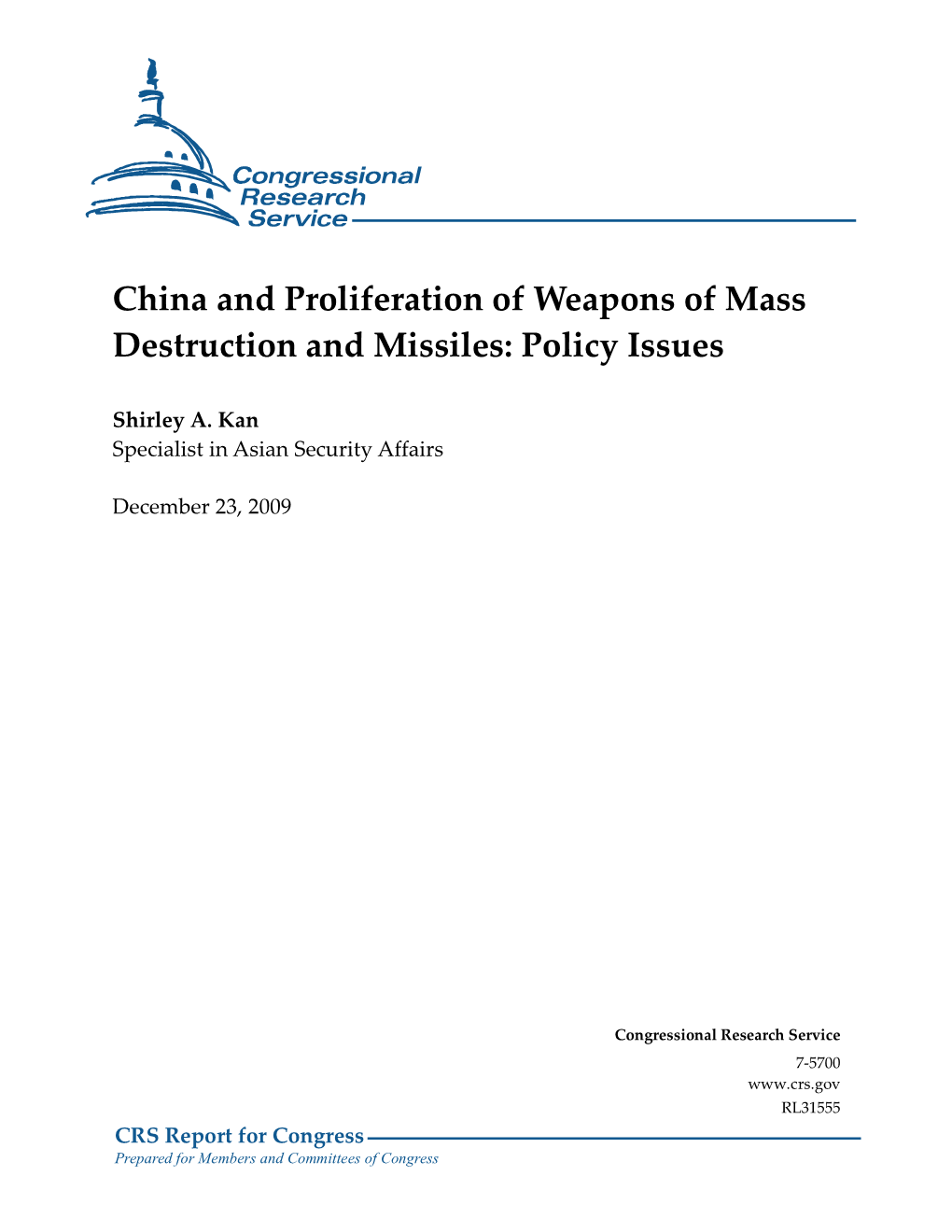 China and Proliferation of Weapons of Mass Destruction and Missiles: Policy Issues